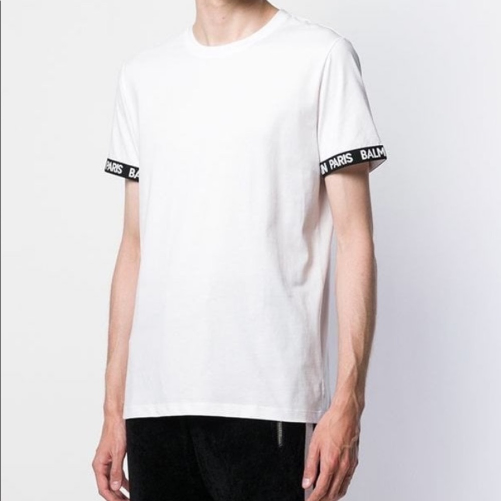 Men’s Balmain logo tape sleeve white t-shirt size M